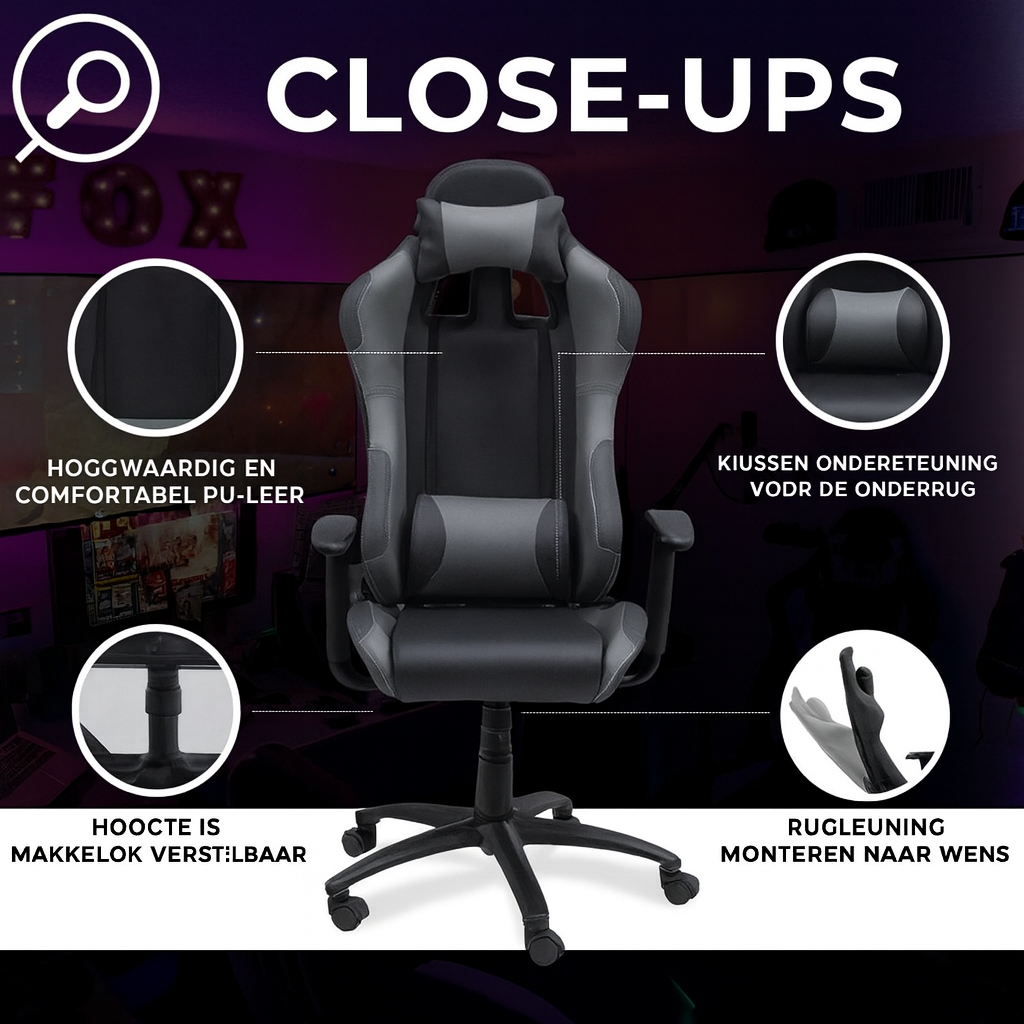 New York - Gamestoel – Bureaustoel – Grijs - Afbeelding 4